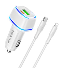 Заредете изображение във визуализатора на галерията – Borofone Car charger BZ14A Mercury - USB + Type C - QC 3.0 PD 20W 3A with Type C to Lightning cable white

