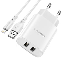 Заредете изображение във визуализатора на галерията – Borofone Wall charger BN2 Super - 2xUSB - 2,1A with USB to Lightning white
