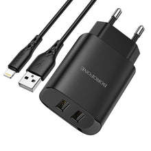 Заредете изображение във визуализатора на галерията – Borofone Wall charger BN2 Super - 2xUSB - 2,1A with USB to MicroUSB black
