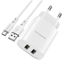 Заредете изображение във визуализатора на галерията – Borofone Wall charger BN2 Super - 2xUSB - 2,1A with USB to Type C white
