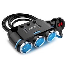 Заредете изображение във визуализатора на галерията – Car Cigarette Lighter Socket Splitter B39 Type C - 3 sockets + 2xUSB - 3,1A with display and cable
