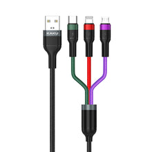 Заредете изображение във визуализатора на галерията – KAKU Cable KSC-481 Yatu 3 in 1 - USB to Type C, Micro USB, Lightning - 3,2A 1,2 metres black
