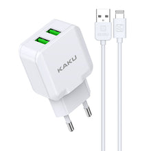 Заредете изображение във визуализатора на галерията – KAKU Wall charger KSC-414 Qiyuan - 2xUSB - 10W 2,4A with USB to Lightning cable white
