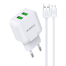 Заредете изображение във визуализатора на галерията – KAKU Wall charger KSC-414 Qiyuan - 2xUSB - 10W 2,4A with USB to Micro USB cable white
