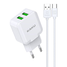 Заредете изображение във визуализатора на галерията – KAKU Wall charger KSC-414 Qiyuan - 2xUSB - 10W 2,4A with USB to Type C cable white
