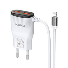 Заредете изображение във визуализатора на галерията – KAKU Wall charger KSC-488 Hongtai - 2xUSB - 2,4A with Lightning cable white
