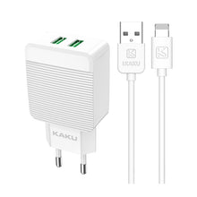 Заредете изображение във визуализатора на галерията – KAKU Wall charger KSC-371 Haoyi - 2xUSB - 12W 2,4A with USB to Lightning cable white

