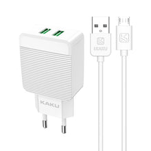 Заредете изображение във визуализатора на галерията – KAKU Wall charger KSC-371 Haoyi - 2xUSB - 12W 2,4A with USB to Micro USB cable white
