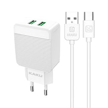 Заредете изображение във визуализатора на галерията – KAKU Wall charger KSC-371 Haoyi - 2xUSB - 12W 2,4A with USB to Type C cable white
