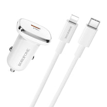 Заредете изображение във визуализатора на галерията – Borofone Car charger BZ12B Lasting Power - Type C - PD QC 3.0 18W 3A with Type C to Lightning cable white

