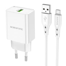 Заредете изображение във визуализатора на галерията – Borofone Wall charger BN5 Sunlight - USB - QC 3.0 18W with USB to Micro USB cable white
