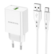 Заредете изображение във визуализатора на галерията – Borofone Wall charger BN5 Sunlight - USB - QC 3.0 18W with USB to Type C cable white
