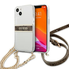Заредете изображение във визуализатора на галерията – Original Case GUESS 4G Brown Strap Gold Chain GUHCP13MKC4GBGO for Iphone 13 Transparent
