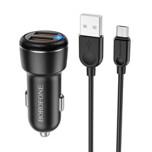 Заредете изображение във визуализатора на галерията – Borofone Car charger BZ17 Core - 2xUSB - QC 3.0 18W with USB to Micro USB cable black
