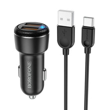 Заредете изображение във визуализатора на галерията – Borofone Car charger BZ17 Core - 2xUSB - QC 3.0 18W with USB to Type C cable black
