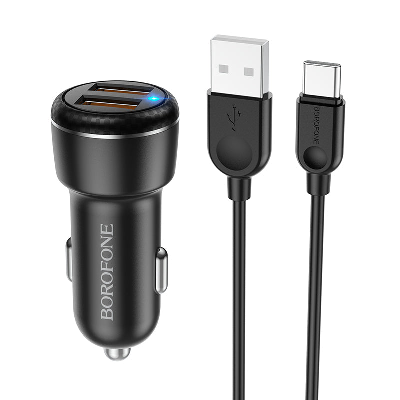 Borofone Car charger BZ17 Core - 2xUSB - QC 3.0 18W with USB to Type C cable black