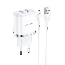 Заредете изображение във визуализатора на галерията – Borofone Wall charger DBN4 Aspiring - 2xUSB - 2,4A with USB to Micro USB cable white
