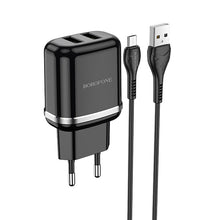 Заредете изображение във визуализатора на галерията – Borofone Wall charger DBN4 Aspiring - 2xUSB - 2,4A with USB to Micro USB cable black
