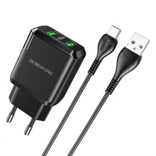 Заредете изображение във визуализатора на галерията – Borofone Wall charger DBN6 Charmer - 2xUSB - QC 3.0 18W 3A with USB to Type C cable black
