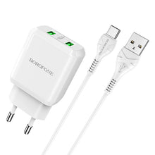 Заредете изображение във визуализатора на галерията – Borofone Wall charger DBN6 Charmer - 2xUSB - QC 3.0 18W 3A with USB to Type C cable white
