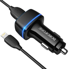 Заредете изображение във визуализатора на галерията – Borofone Car charger BZ14 Max - 2xUSB - 2,4A with USB to Lightning cable black
