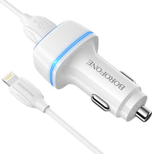 Заредете изображение във визуализатора на галерията – Borofone Car charger BZ14 Max - 2xUSB - 2,4A with USB to Lightning cable white
