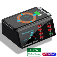 Заредете изображение във визуализатора на галерията – Charging station X9 - 7xUSB + Type C - 100W PD QC 3.0 + induction charging
