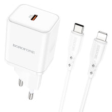 Заредете изображение във визуализатора на галерията – Borofone Wall charger BN6 Field - Type C - QC 3.0 PD 20W with Type C to Lightning cable white
