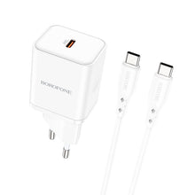 Заредете изображение във визуализатора на галерията – Borofone Wall charger BN6 Field - Type C - QC 3.0 PD 20W with Type C to Typ C cable white
