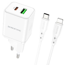 Заредете изображение във визуализатора на галерията – Borofone Wall charger BN7 - USB + Type C - QC 3.0 PD 20W with Type C to Lightning cable white
