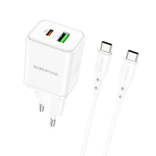 Заредете изображение във визуализатора на галерията – Borofone Wall charger BN7 - USB + Type C - QC 3.0 PD 20W with Type C to Type C cable white
