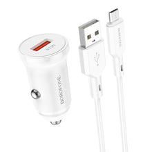 Заредете изображение във визуализатора на галерията – Borofone Car charger BZ18 - USB - QC 3.0 18W with USB to Micro USB cable white
