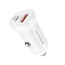 Заредете изображение във визуализатора на галерията – Borofone Car charger BZ18A - USB + Type C - PD 20W QC 3.0 18W white
