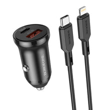 Заредете изображение във визуализатора на галерията – Borofone Car charger BZ18A - USB + Type C - PD 20W QC 3.0 18W with Type C to Lightning cable black
