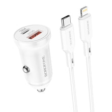 Заредете изображение във визуализатора на галерията – Borofone Car charger BZ18A - USB + Type C - PD 20W QC 3.0 18W with Type C to Lightning cable white
