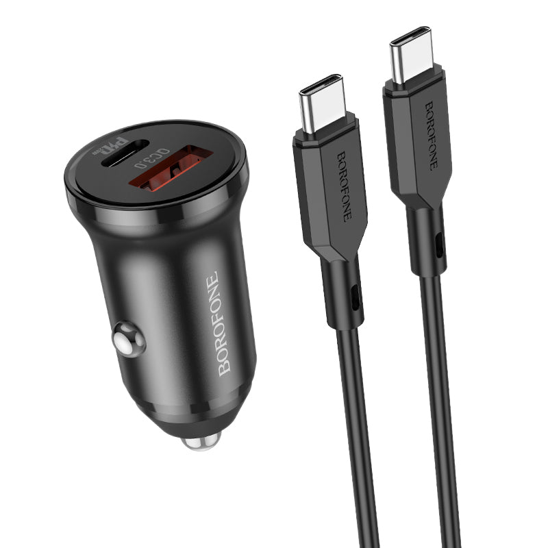 Borofone Car charger BZ18A - USB + Type C - PD 20W QC 3.0 18W with Type C to Typ C cable black