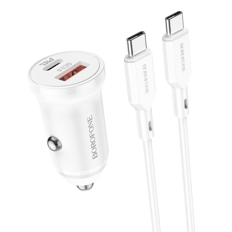 Borofone Car charger BZ18A - USB + Type C - PD 20W QC 3.0 18W with Type C to Typ C cable white