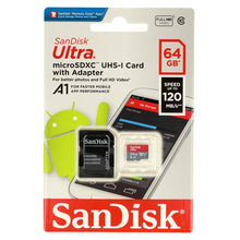 Заредете изображение във визуализатора на галерията – SANDISK ULTRA Memory MicroSDXC Card - 64GB 120MB/s Class 10 UHS-I + adapter
