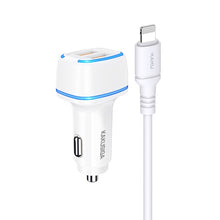 Заредете изображение във визуализатора на галерията – KAKU Car Charger KSC-528 Shengyu - 2xUSB - 2,8A with USB to Lightning white
