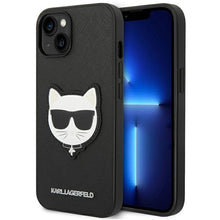 Заредете изображение във визуализатора на галерията – Original KARL LAGERFELD Case Saffiano Choupette Head Patch KLHCP14SSAPCHK for Iphone 14 black
