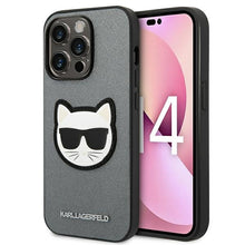 Заредете изображение във визуализатора на галерията – Original KARL LAGERFELD Case Saffiano Choupette Head Patch KLHCP14XSAPCHG for Iphone 14 Pro Max silver
