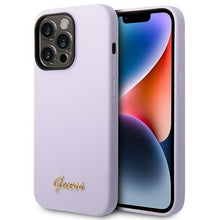 Заредете изображение във визуализатора на галерията – Original Case GUESS Silicone Vintage Gold Logo GUHCP14LSLSMU for Iphone 14 Pro purple
