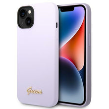 Заредете изображение във визуализатора на галерията – Original Case GUESS Silicone Vintage Gold Logo GUHCP14MSLSMU for Iphone 14 Plus purple
