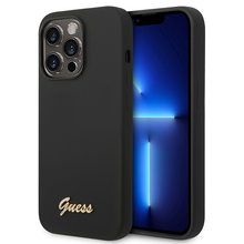 Заредете изображение във визуализатора на галерията – Original Case GUESS Silicone Vintage Gold Logo GUHCP14XSLSMK for Iphone 14 Pro Max black
