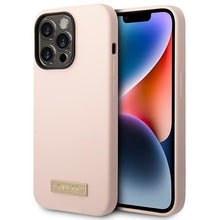 Заредете изображение във визуализатора на галерията – Original Case GUESS Silicone Logo Plate MagSafe GUHMP14XSBPLP for Iphone 14 Pro Max pink
