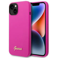 Заредете изображение във визуализатора на галерията – Original Case GUESS Silicone Vintage Gold Logo GUHCP14SSLSMF for Iphone 14 fuchsia

