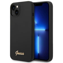Заредете изображение във визуализатора на галерията – Original Case GUESS Silicone Vintage Gold Logo GUHCP14SSLSMK for Iphone 14 black
