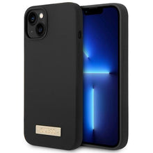 Заредете изображение във визуализатора на галерията – Original Case GUESS Silicone Logo Plate MagSafe GUHMP14SSBPLK for Iphone 14 black
