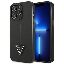 Заредете изображение във визуализатора на галерията – Original Case GUESS Saffiano Triangle Logo GUHCP14LPSATLK for Iphone 14 Pro Black
