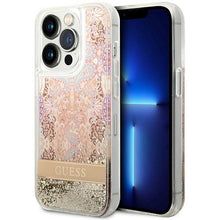 Заредете изображение във визуализатора на галерията – Original Case GUESS Paisley Liquid Glitter Hardcase GUHCP14XLFLSD for Iphone 14 Pro Max Gold
